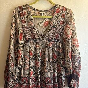 Joie Paisley V-Neck Peasant Tunic in Red, Black & Cream